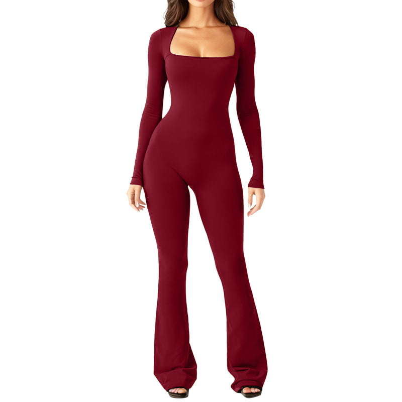 Women Long Sleeve Belly Waist Shaping and Hip Lift Square Collar Wide Leg High Elastic Jumpsuit